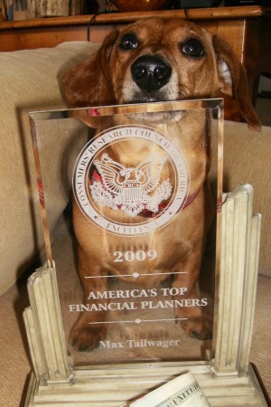 a dog posing with an award plaque